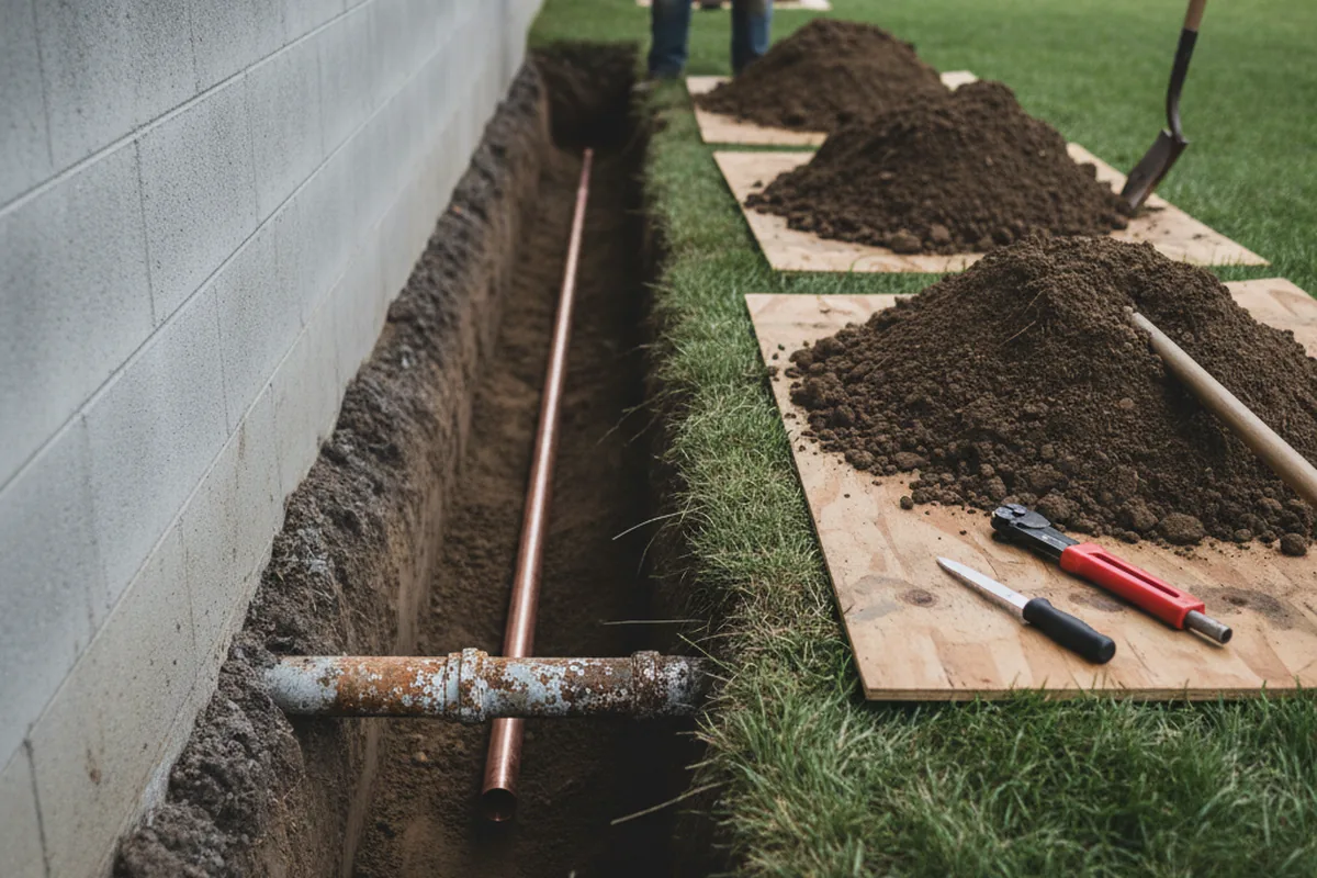 Excavated water line trench during Sewer Line Repair in Elmore